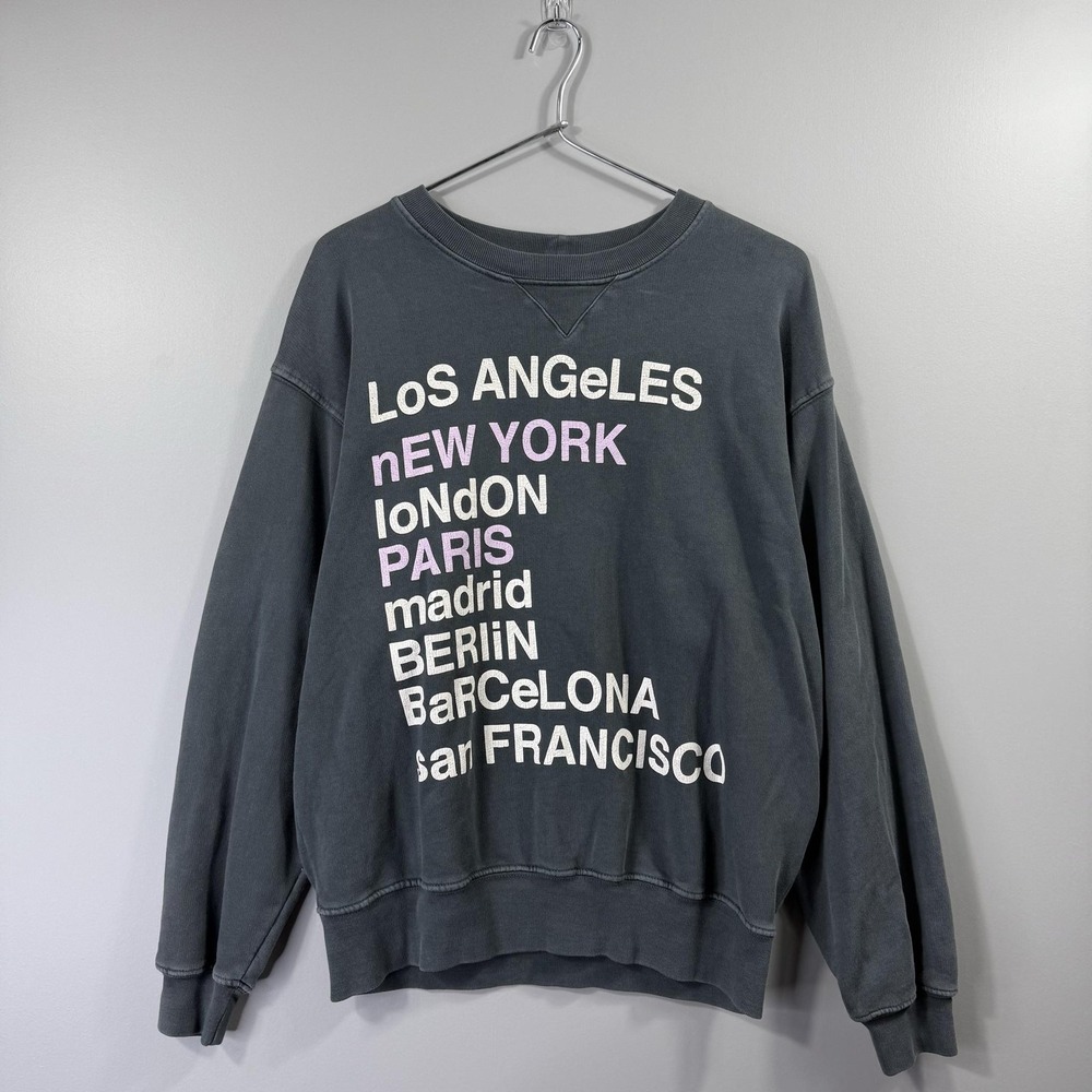 Anine Bing Sweatshirt Womens Medium Gray Cities Graphic Fleece Crewneck Pullover